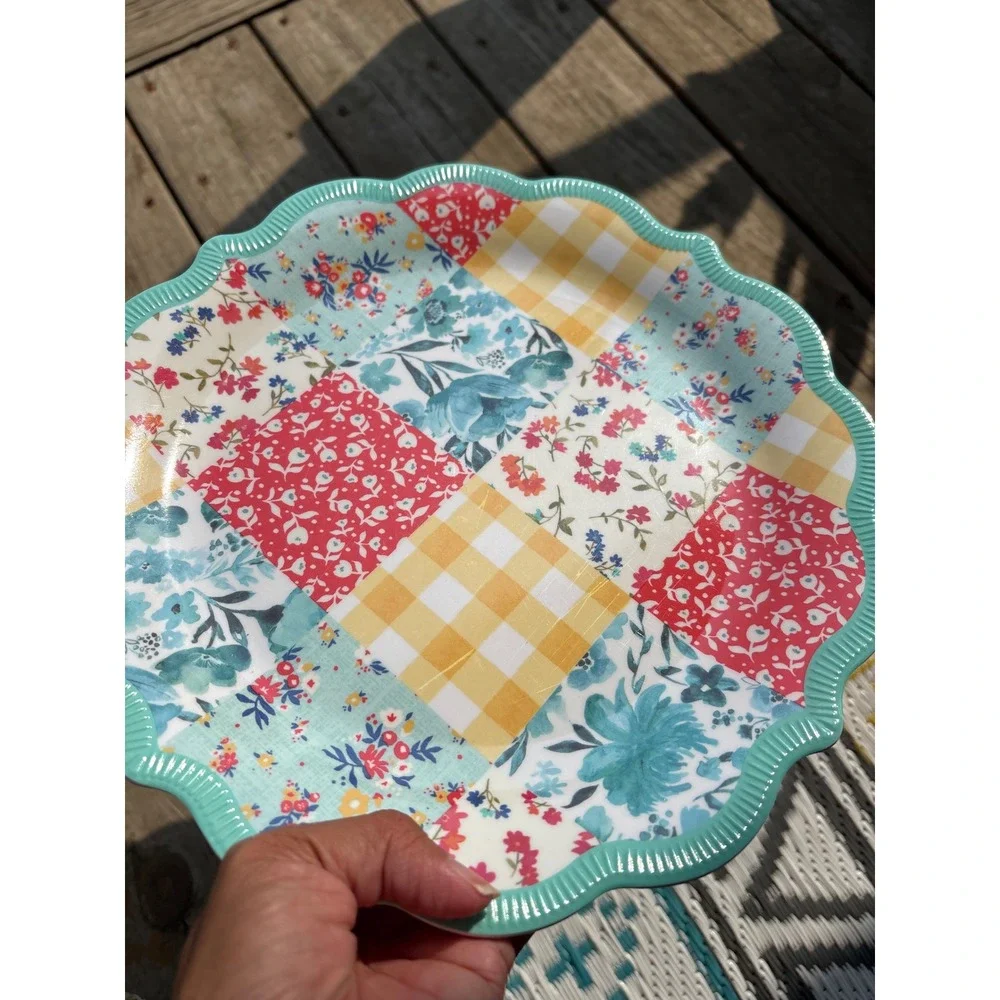 Pioneer Woman Melamine Salad Plate Set 9in Floral Patchwork Scalloped Teal 10pc